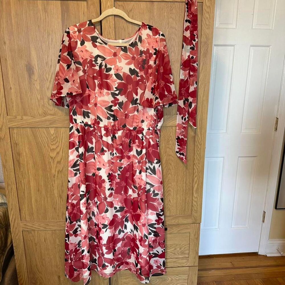 Kasper Dress XL Pink Red Floral Midi Tie Belt Lined Flutter Sleeve Career